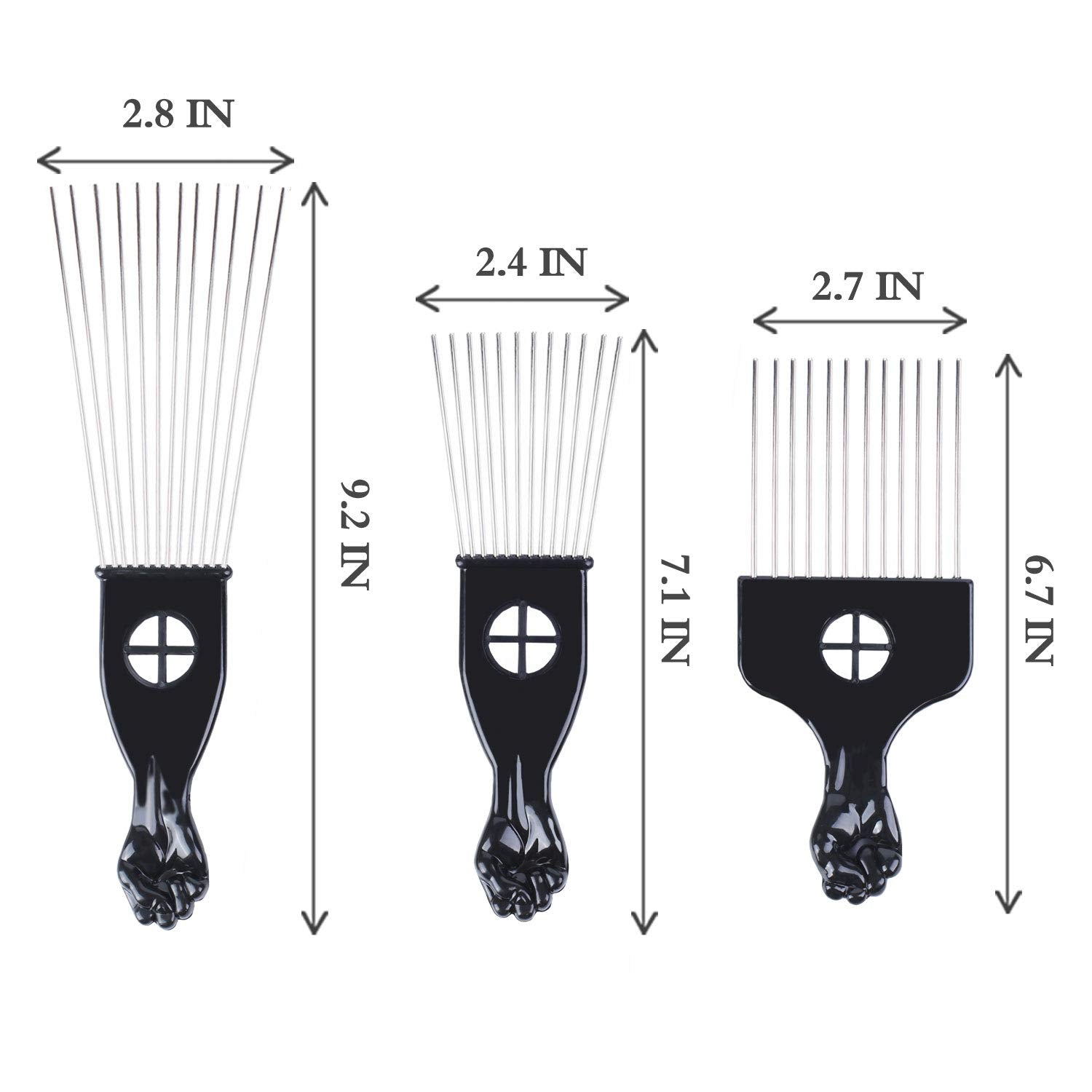 LEADUWAY Hair Pick Set - 3 Metal Afro Combs for Styling - Black - Model SADHB80