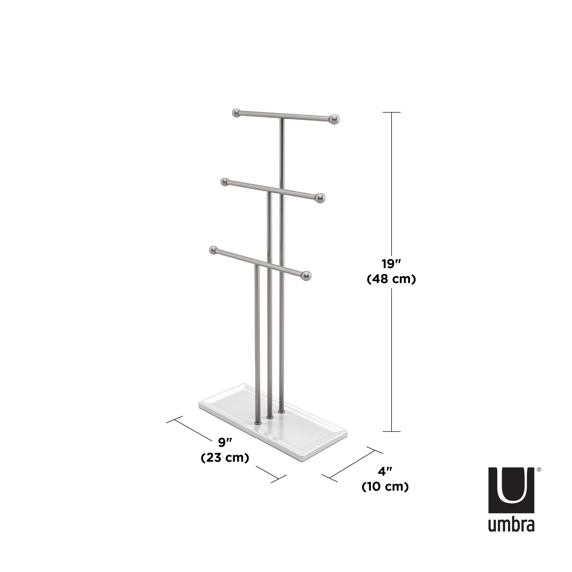 Umbra Trigem Jewelry Organizer - 3 Tier Steel Necklace Holder, Free Standing, White/Nickel, Model 299330-491-REM