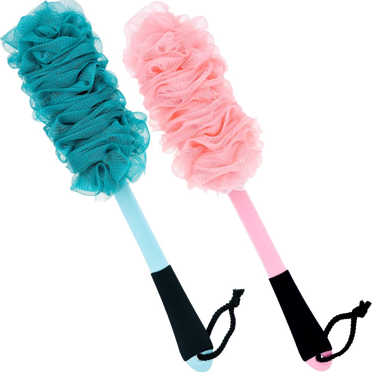 2 Pack Back Scrubber for Shower, Long Handle Scrub Brush, Exfoliating Loofah Sponge Body Brush for Back Use, Loofah On a Stick f
