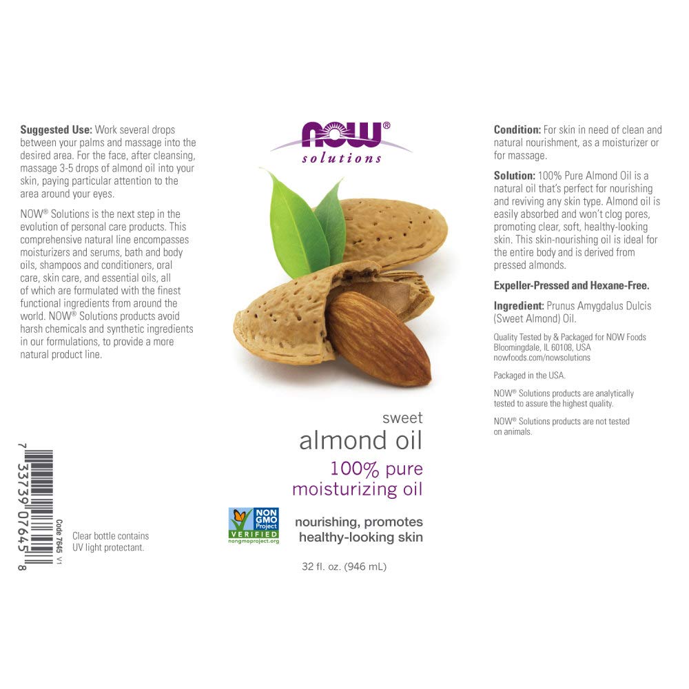 Now Foods Solutions, Sweet Almond Oil, 100% Pure Moisturizing Oil, Promotes Healthy-Looking Skin, Unscented Oil, 32-Ounce