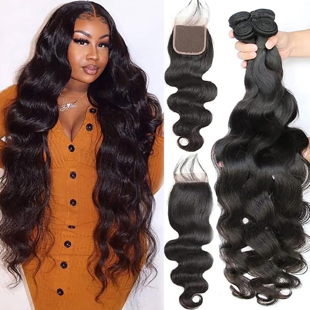 Brazilian Body Wave Human Hair 3 Bundles with 4x4 Lace Closure (20 22 24+18C) 12A 100% Unprocessed Virgin Human Hair Weave Bundl