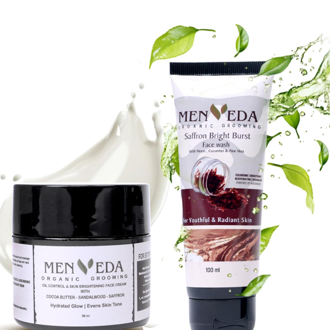 Menveda Saffron Bright Burst Face Wash 100G & Skin Brightening Face Cream For Men 50Ml (Pack Of 2) | With Niacinamide & Saffron 