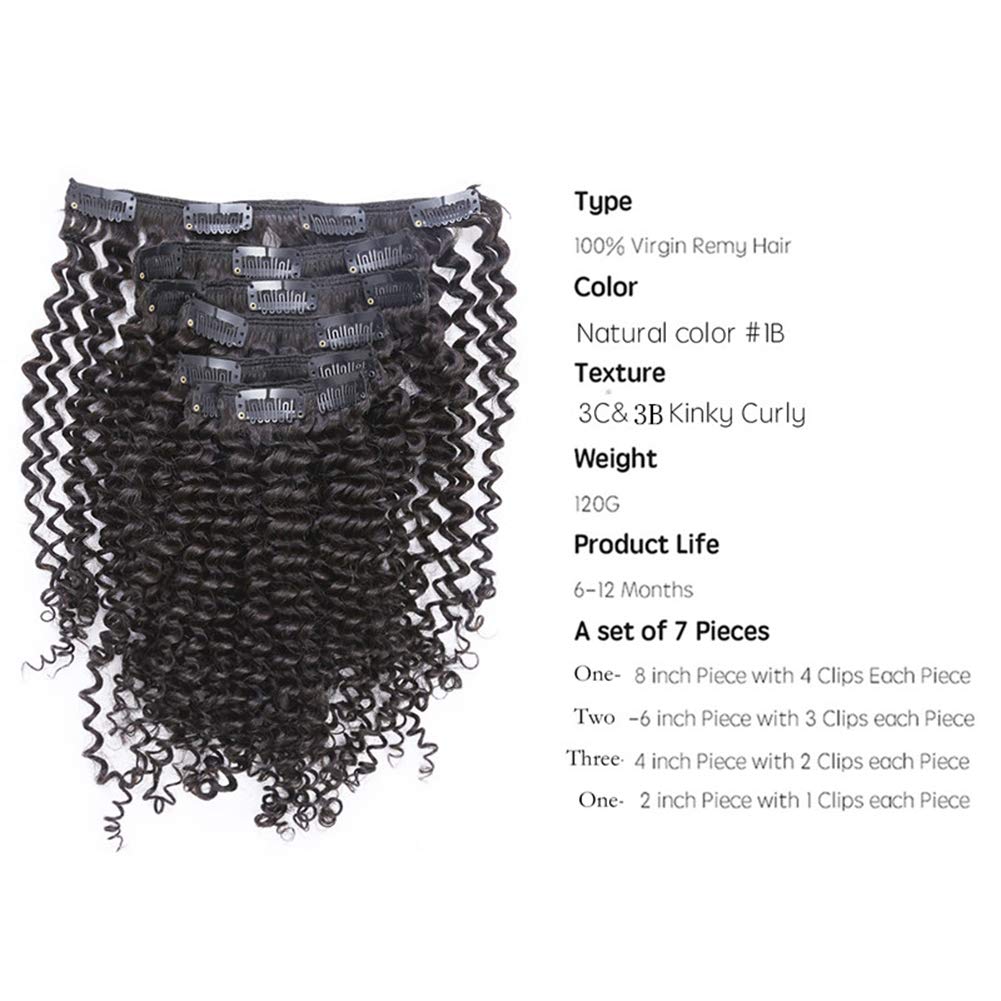 Caliee Natural Looking Real Human Hair Kinky Curly Clip Ins Extensions For African American Black Women, 18 Inch 7 Pcs/120 Gram