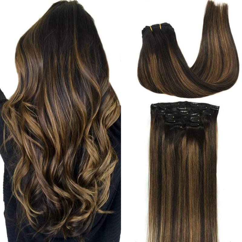 GOO GOO Clip in Hair Extensions Real Human Hair, 12inch 85g 7Pcs, 1B/6/1B Balayage Natural Black to Chestnut Brown, Remy Human H