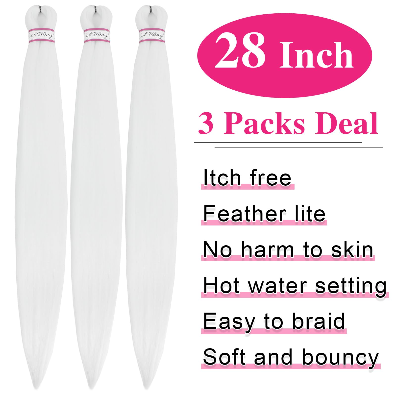 Col Bling Braiding Hair Pre Stretched 28 Inch 3 Packs White Long Braid Hair Extensions For Women Box Braids Hair Pre-Stretched Y