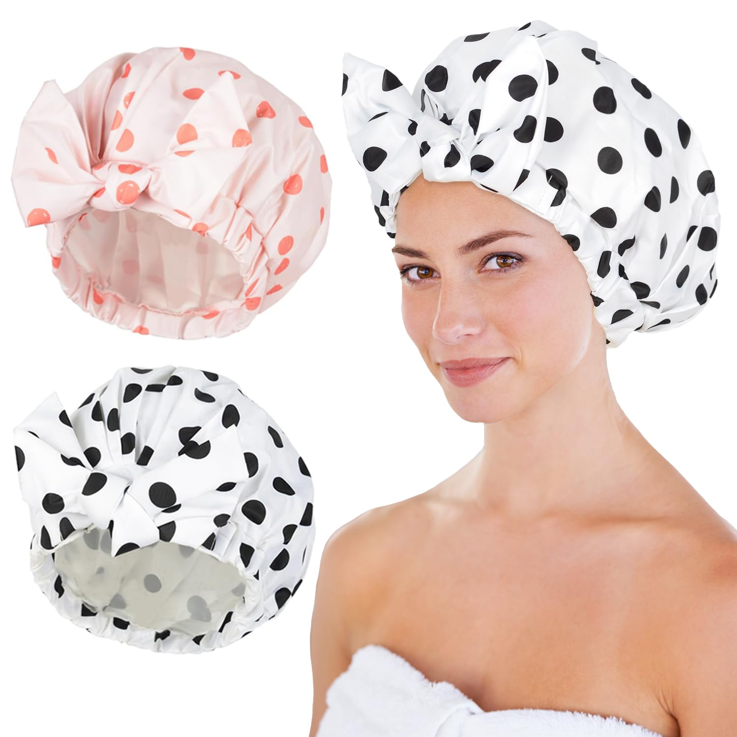Luvruitaky Shower Cap 2Pcs Shower Caps For Women Reusable Waterproof Hair Cap For Shower With Adjustable Bowknot Luxury Bath Cap