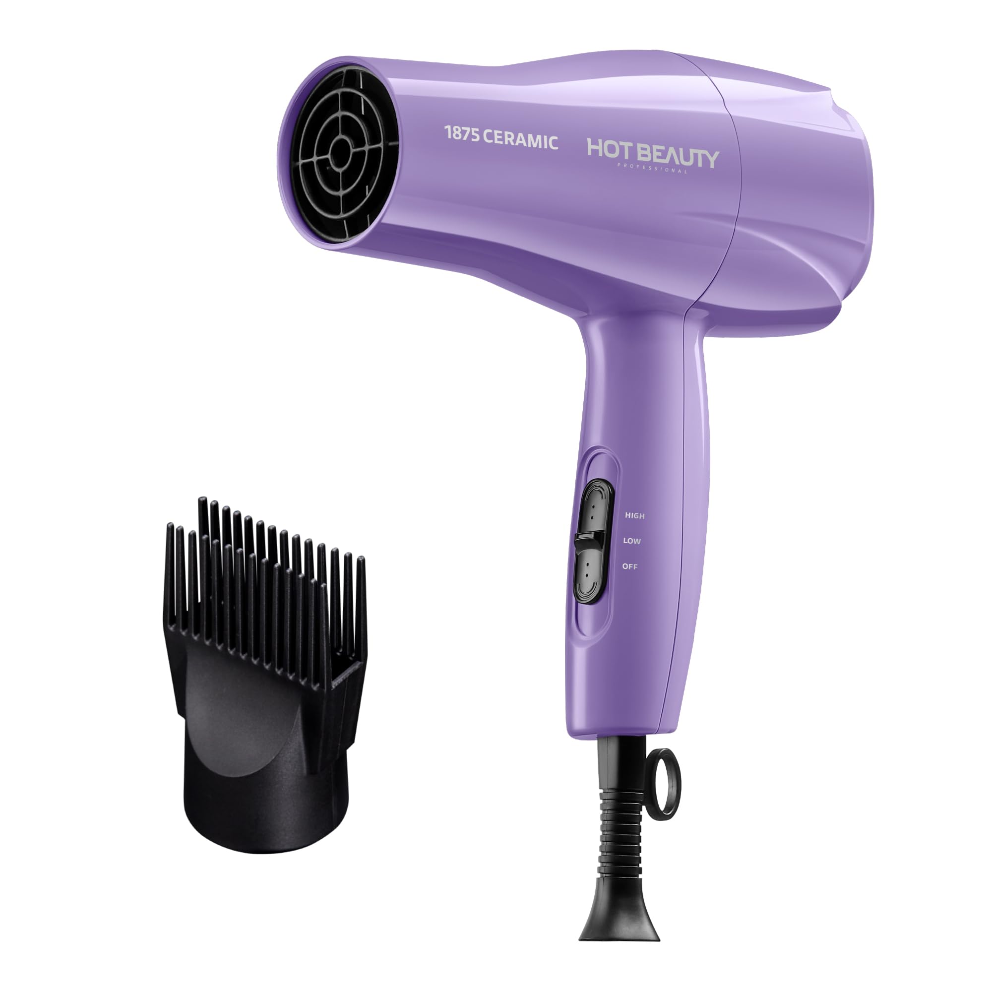 Hot Beauty 1875 Ceramic Hair Dryer, Powerful Fast Drying, Multi-Setting With Comb Attachment, Additional Detangler Included, Sli