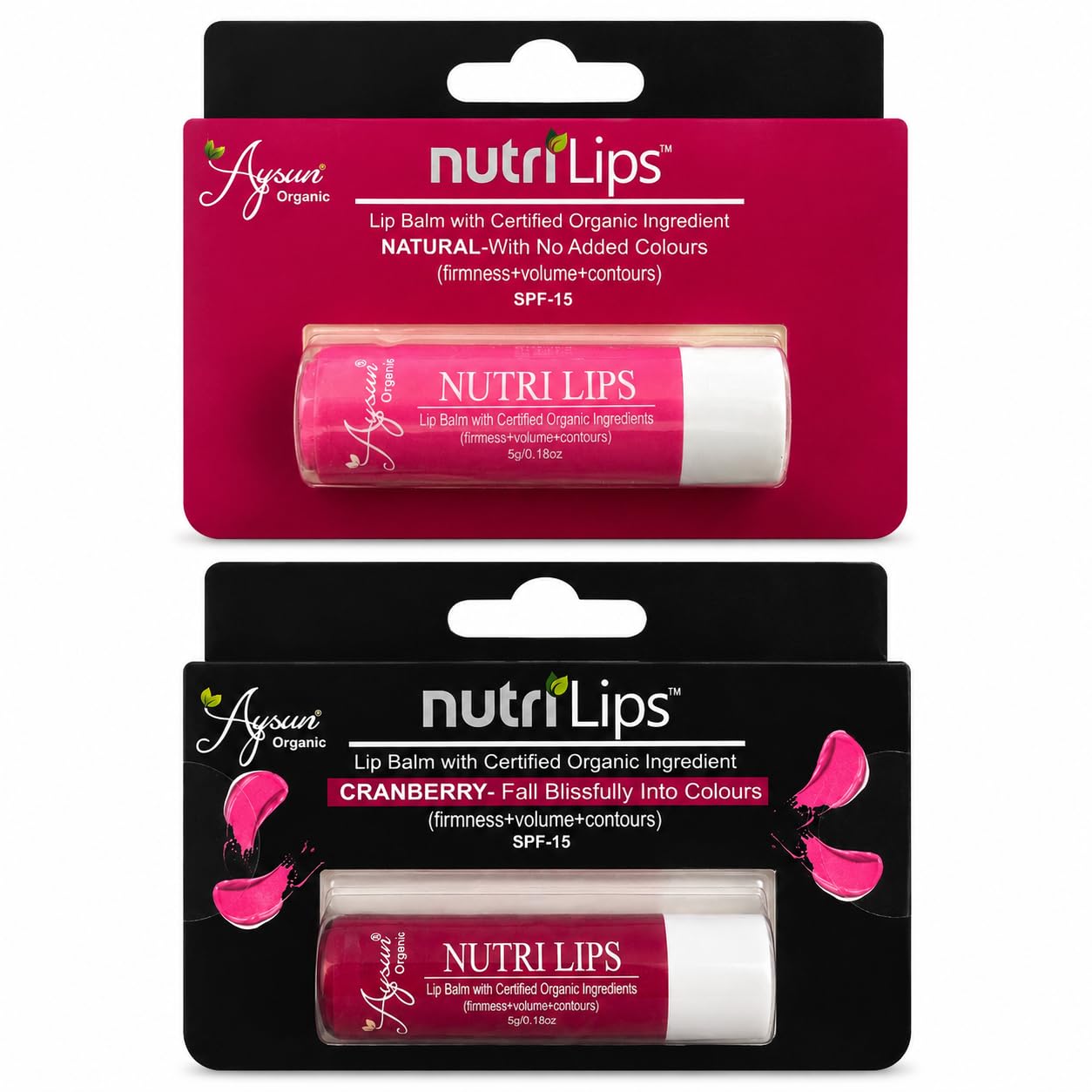 Aysun Organic Nutri Lips Natural & Cranberry Lip Balm Set | Organic Moisturizer With Certified Organic Ingredients | Spf 15 Sun 