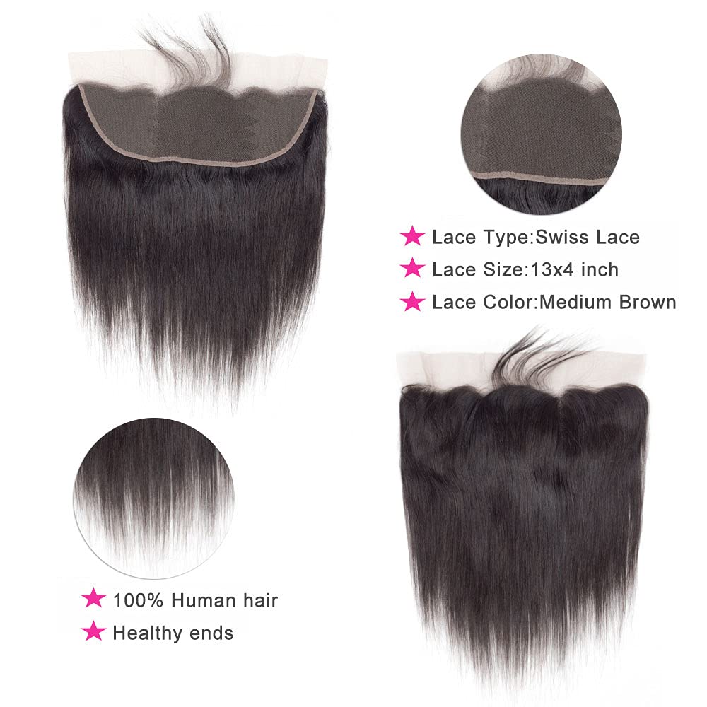 Brazilian Virgin Straight Human Hair 3 Bundles With Frontal 13X4 Ear To Ear Lace Frontal 100% Unprocessed Brazilian Remy Virgin