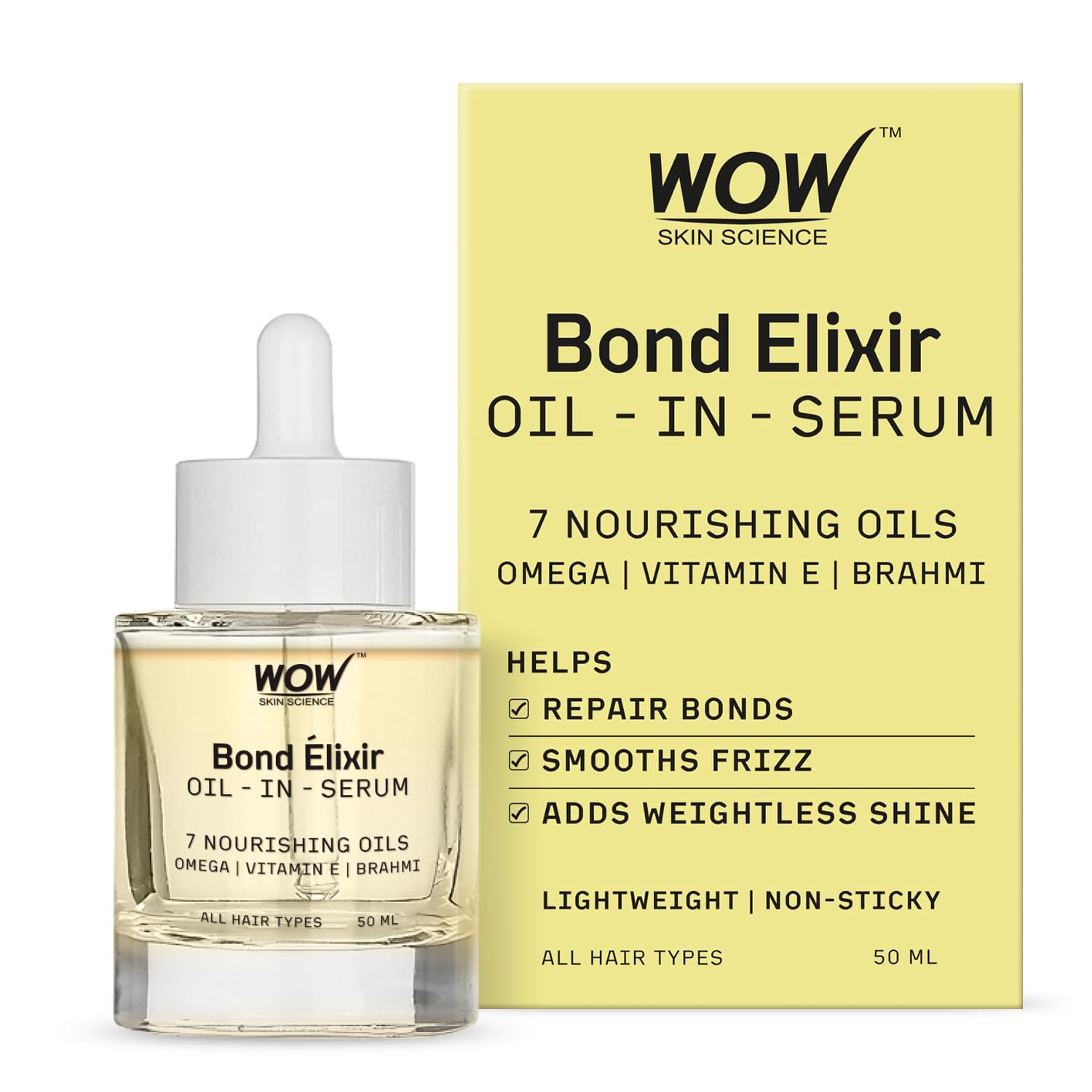 Wow Skin Science Bond Elixir OilInSerum | 7 Nourishing Oils With Omega | Vitamin E | Brahmi | Lightweight Hair Serum For Frizz