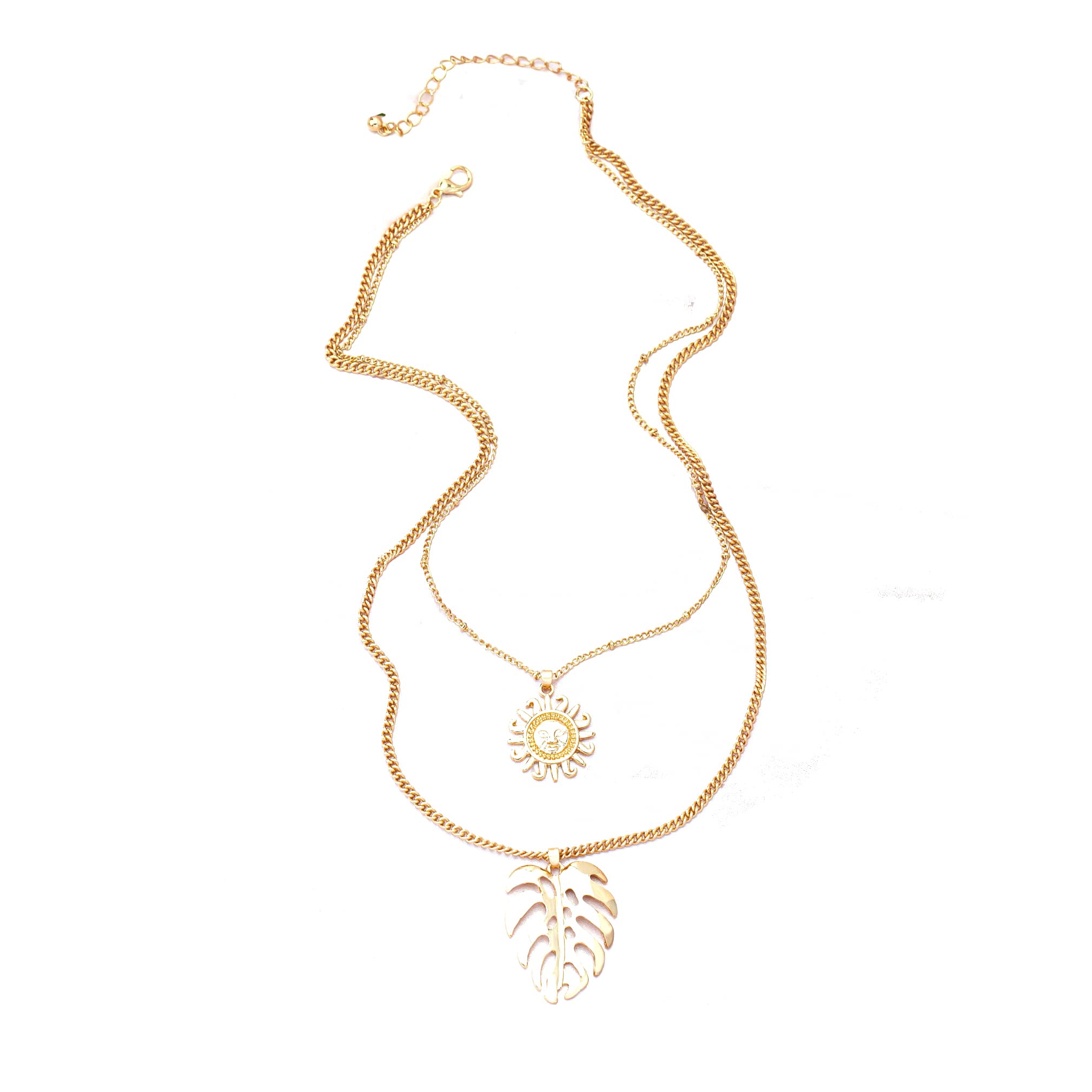 COLORFUL BLING Double Chains Moon and Sun Layered Choker Necklace Sunflower Opal Pendant Necklace Gift for Women-H leaf