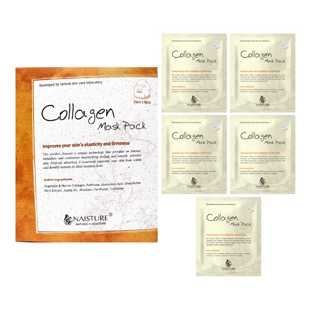 Naisture Vegetable Collagen 5-Pack Korean Face Mask: Smooth And Moisturizing Skincare Sheet Mask For All Skin Types. Ideal For H