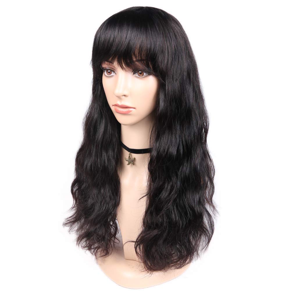 Wignee 100% Virgin Human Hair Wig Natural Wave Wigs With Bangs Brazilian Human Hair Wave Wigs Natural Black Color (18 Inch)