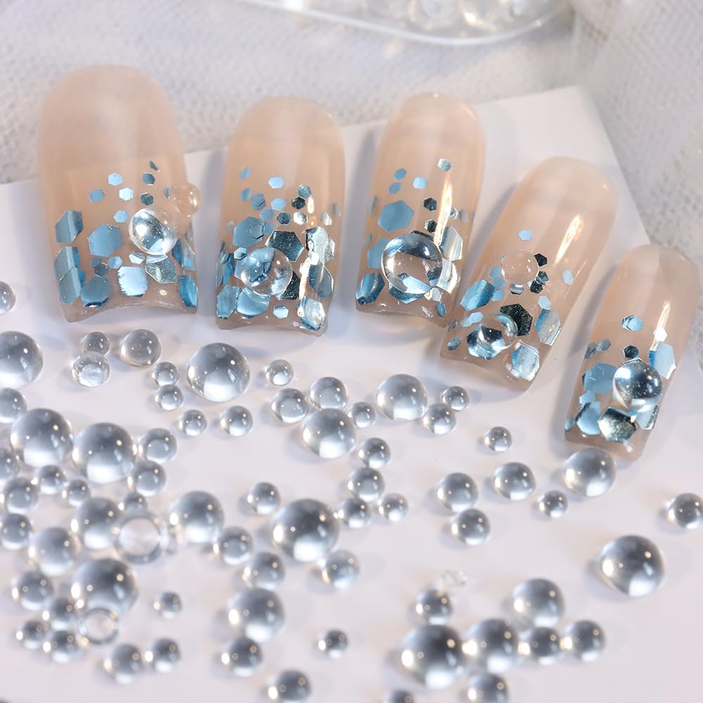 3D Mixed Sizes Clear Bubble Beads Nail Charms Jewelry, Transparent Semi-Circular Dewdrop Water Droplets Glass Bubble Balls Flatb