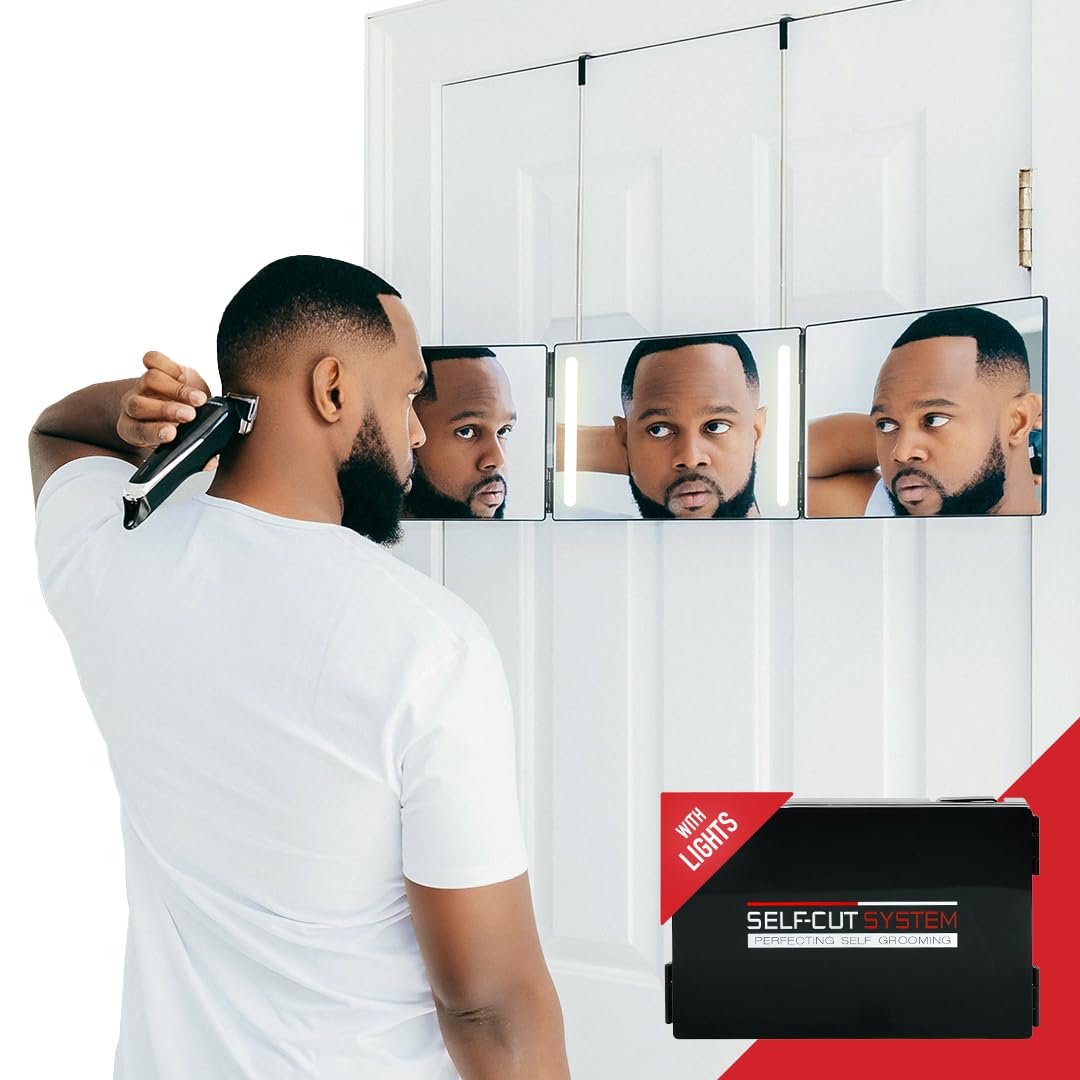 Self-Cut System - 3 Way Mirror With Lights - Three Way Mirror For Self Hair Cutting - Over The Door Mirror - Trifold Mirror - 36