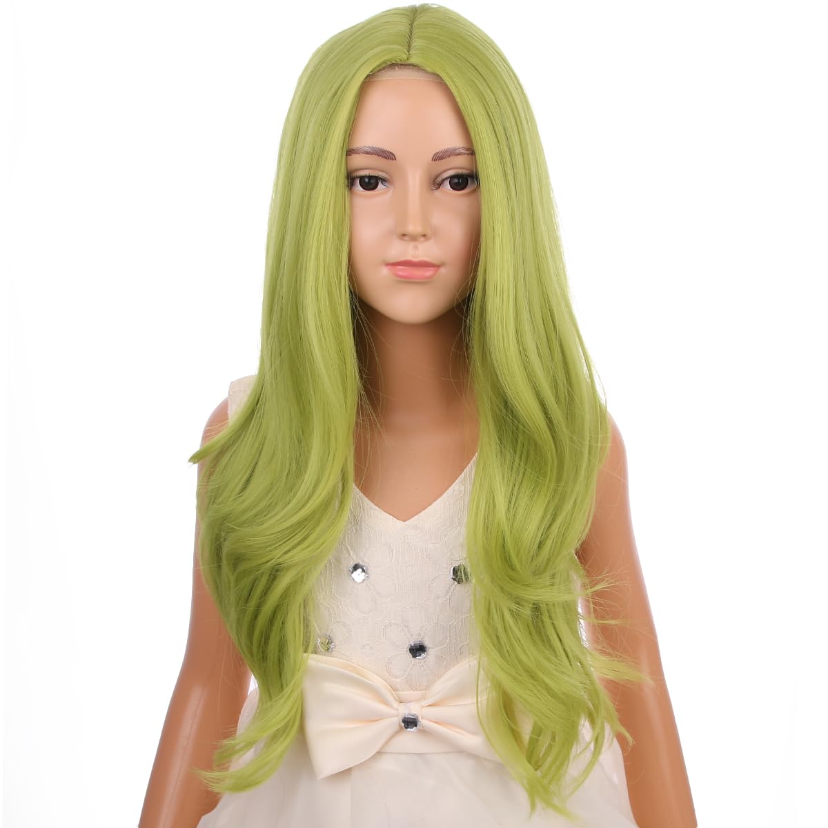 PATTNIUM Kids Olive Green Wig Child Long Wavy Green Wig Matcha Green Wig Girls Middle Part Synthetic Wig with Wig Cap
