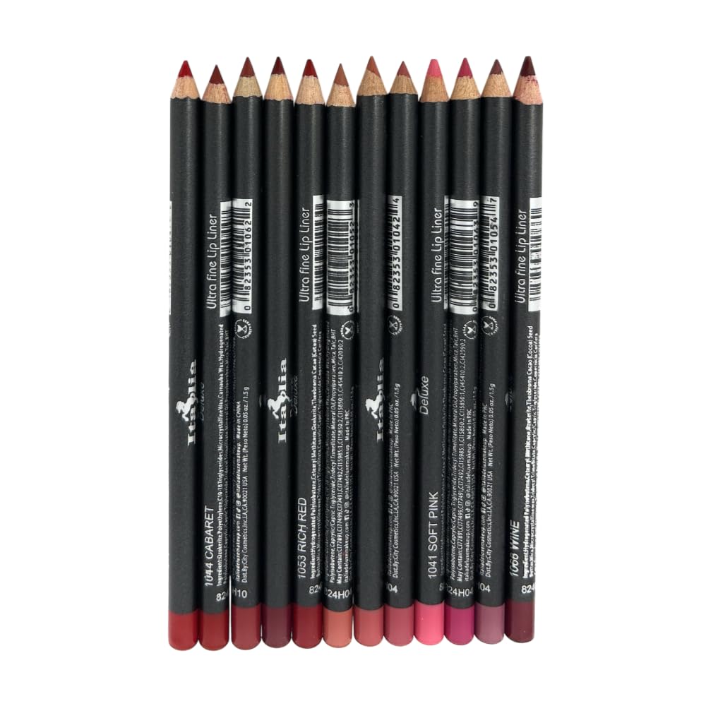 12 pcs, 12 Colors Red Tone Italia Deluxe Ultra Fine Lip Liner Set, Creamy, Long Lasting, High Pigmented Pencil, Various Shades (
