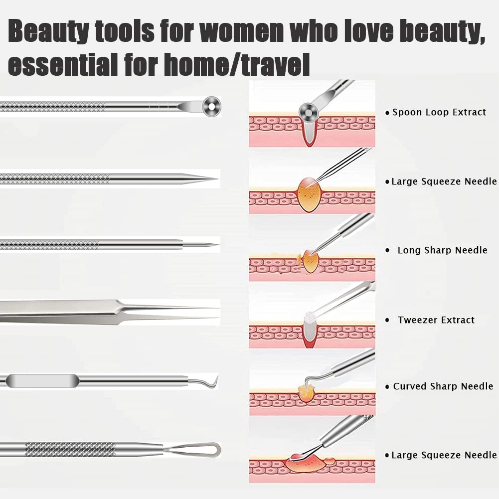 BLAAROOM Pimple Popper Tool Kit - 6 Pcs Stainless Steel Blackhead Remover Set - Silver Acne Treatment for Face and Nose
