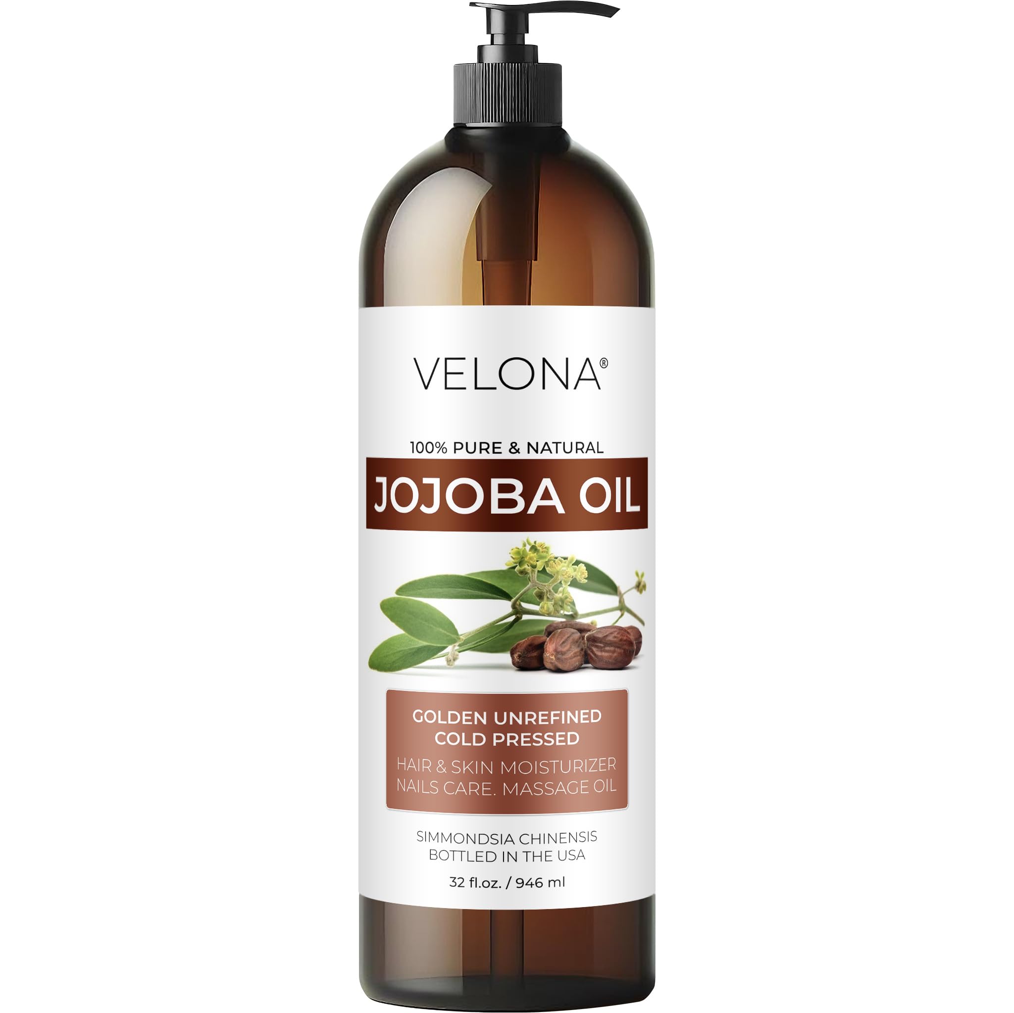 Velona Jojoba Oil - 32 Fl Oz (With Pump) | 100% Pure And Natural | Golden, Unrefined, Cold Pressed, Hexane Free