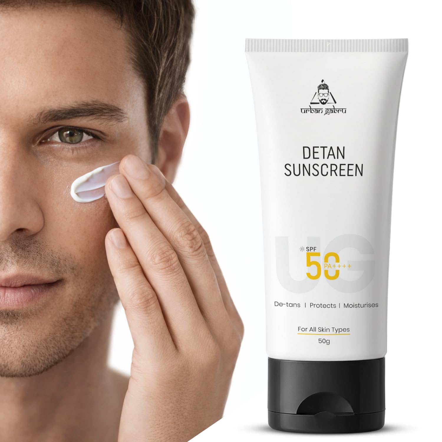 Urbangabru Detan Sunscreen SPF 50 PA++++ for Men | For Oily, Dry & All Skin Types | No White Cast, Lightweight & NonSticky | De