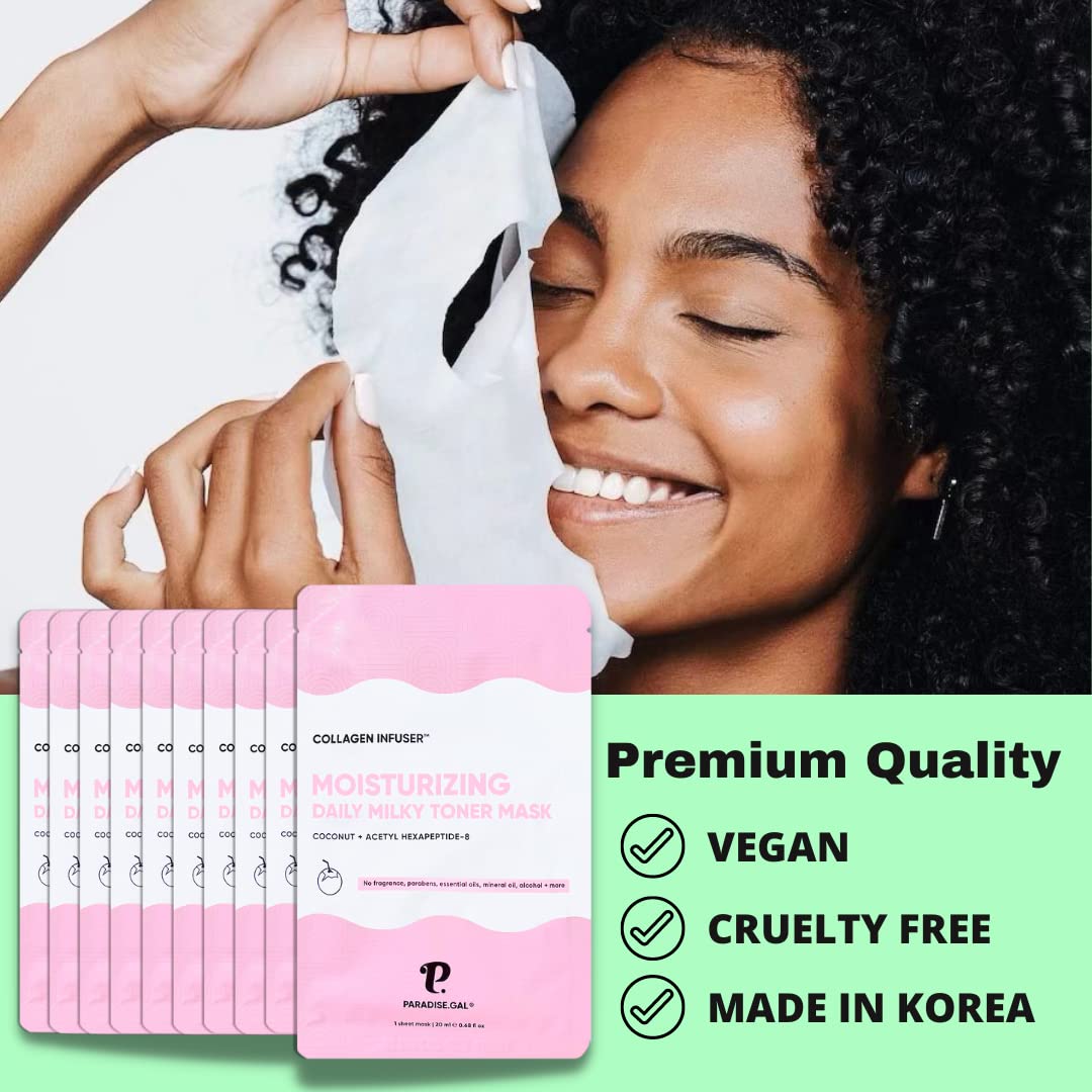 Paradisegal 10 Face Masks Korean Skin Care - Moisturizing Collagen Infuser With Coconut, Acetyl Hexapeptide-8, Niacinamide, Cera