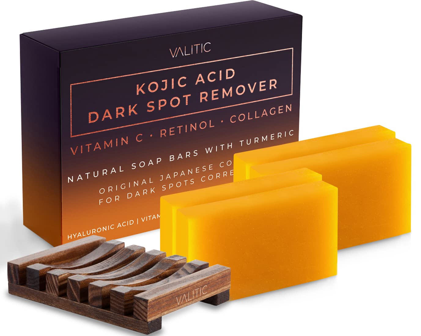 Valitic Kojic Acid Dark Spot Remover Soap Bar with Vitamin C, Retinol, Collagen, Turmeric - Original Japanese Complex - Hyaluron