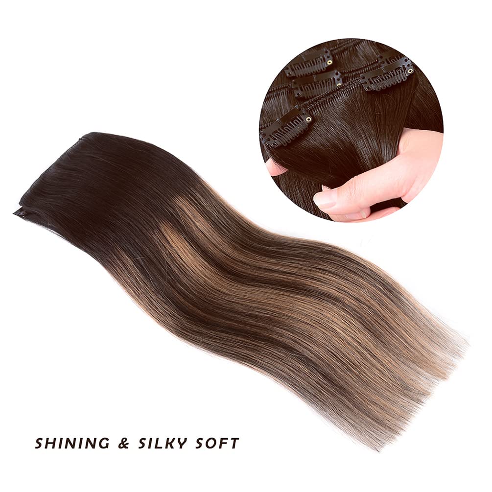 16'' Clip In Hair Extensions Remy Human Hair Brown Balayage For Women - Silky Straight 100% Real Human Hair 55Grams 4Pieces #2T(