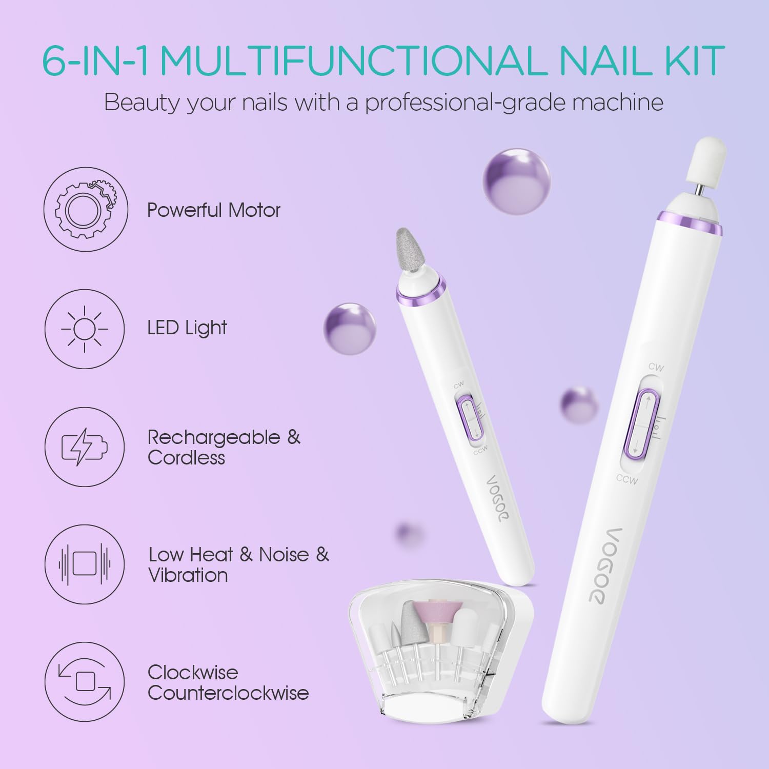VOGOE Electric Nail Drill, Cordless Nail File Machine Kit 2 Directions & Speeds for Acrylic, Gel Nails, Rechargeable with LED &