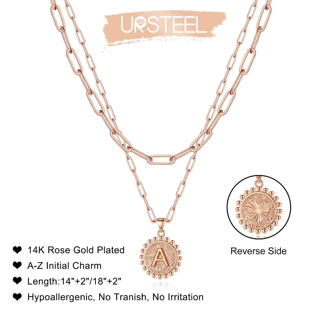 Ursteel Initial Necklace for Women - Rose Gold Dainty Layered Letter T Necklaces for Women Trendy Rose Gold Choker Pendent Jewel