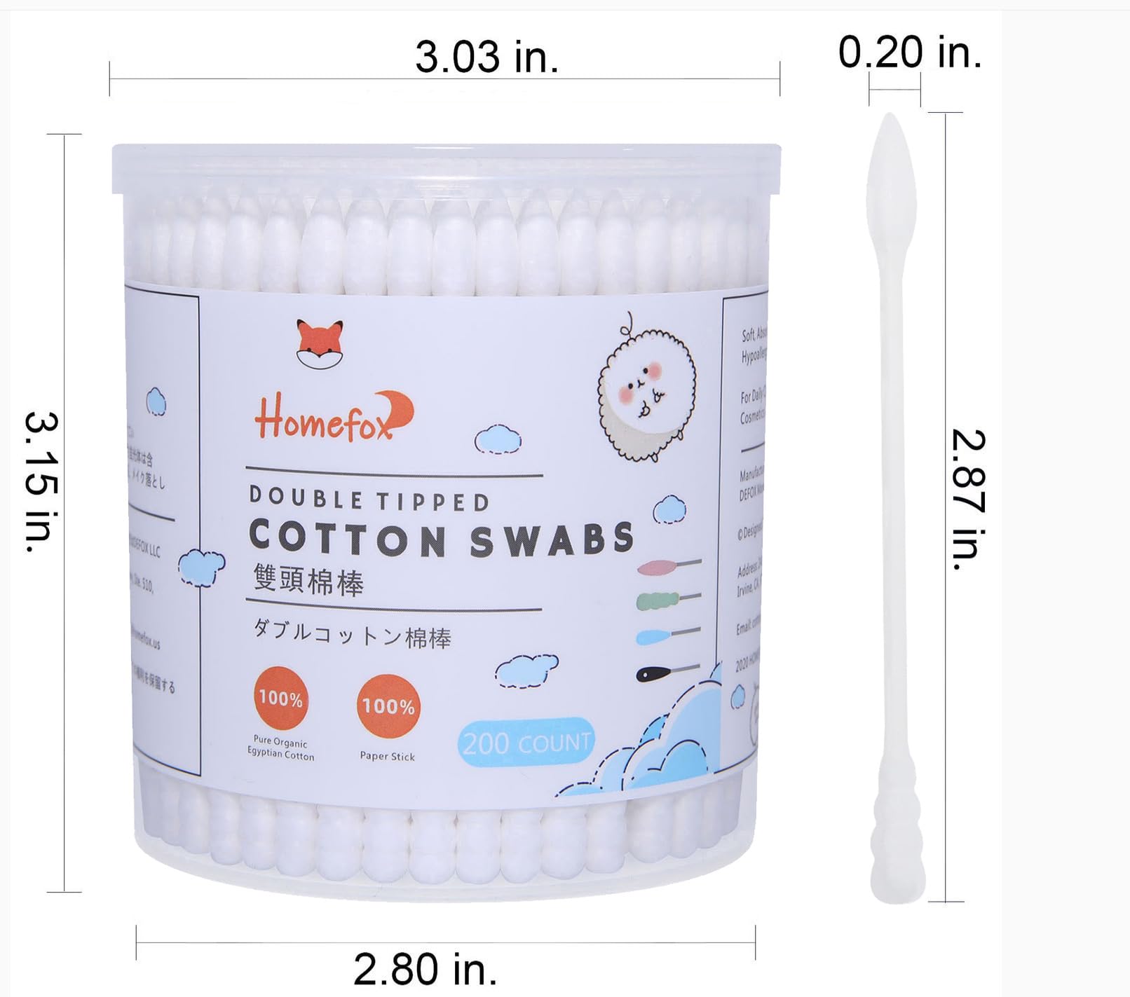 Homefox White Cotton Swabs Spiral Pointed - 400 Count Organic Cotton Buds Double Side Tightly Wrapped Precision Cotton Tips Pape