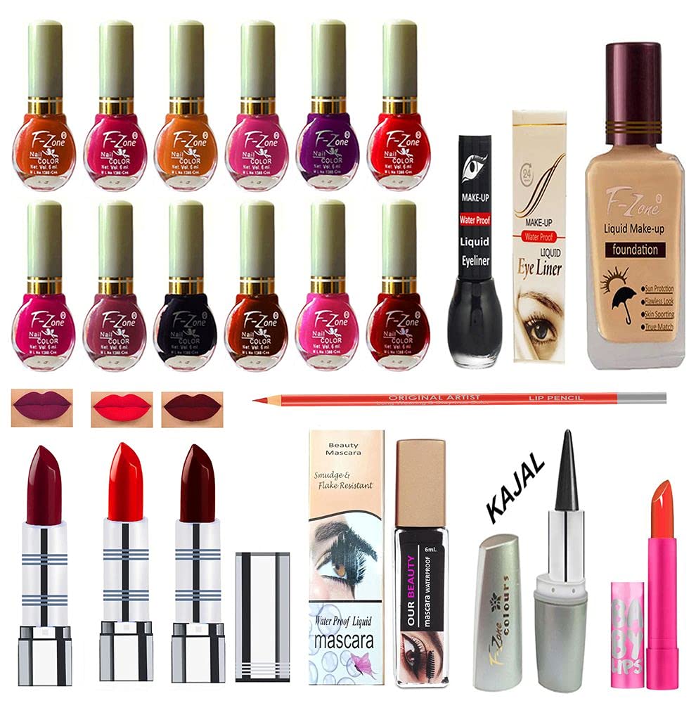 F Zone Makeup Kit With 12 Nail Polish Eye Liner Foundation 3 Lipstick Mascara Lip Balm And Kajal Vc27