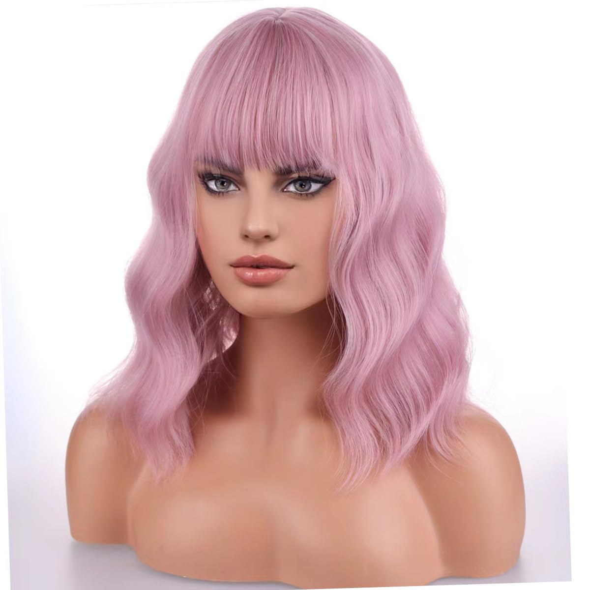 PATTNIUM Pink Wig for Women Short Curly Wavy Bob Wig Pink Wig with Bangs Shoulder Length Wig 12'' Heat Resistant Synthetic Wig (