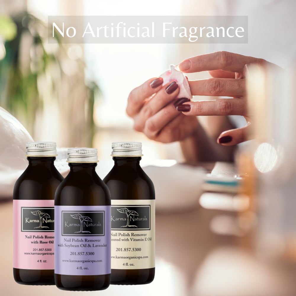 Karma Organic Nail Polish Remover Bundle - Includes Natural Lavender, Rose Oil, and Unscented Nail Polish Remover (4FL-Oz) (Mult