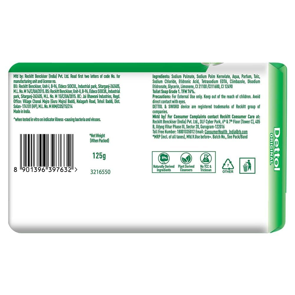 Dettol Original Bar Soap, 150g Each, Pack of 6 - Antibacterial Cleanliness for Daily Use