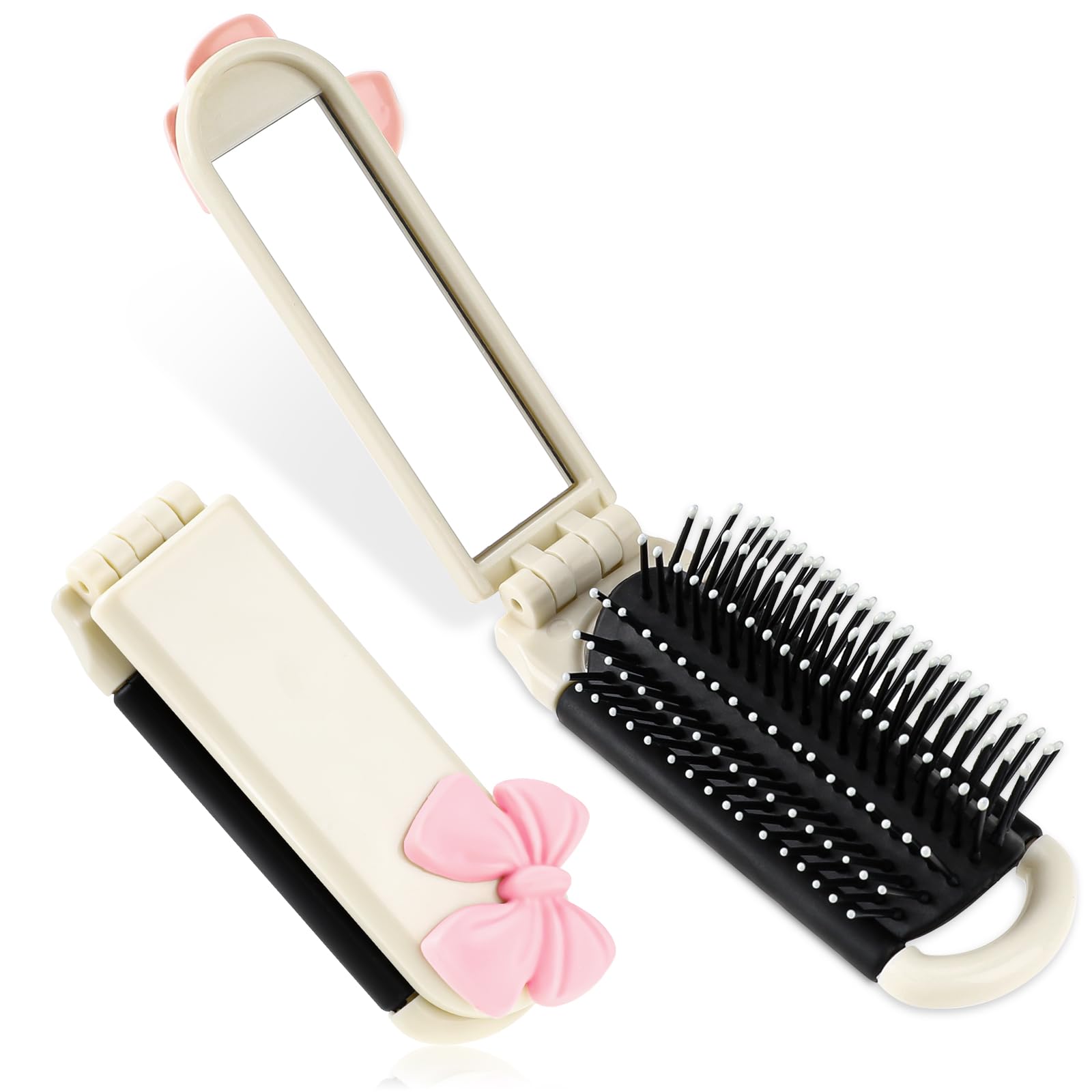 Folding Travel Hair Brush With Removable Mirror, Collapsible Compact Design, Massage Comb For Gym, Trips, Purse, Swimming (Cream