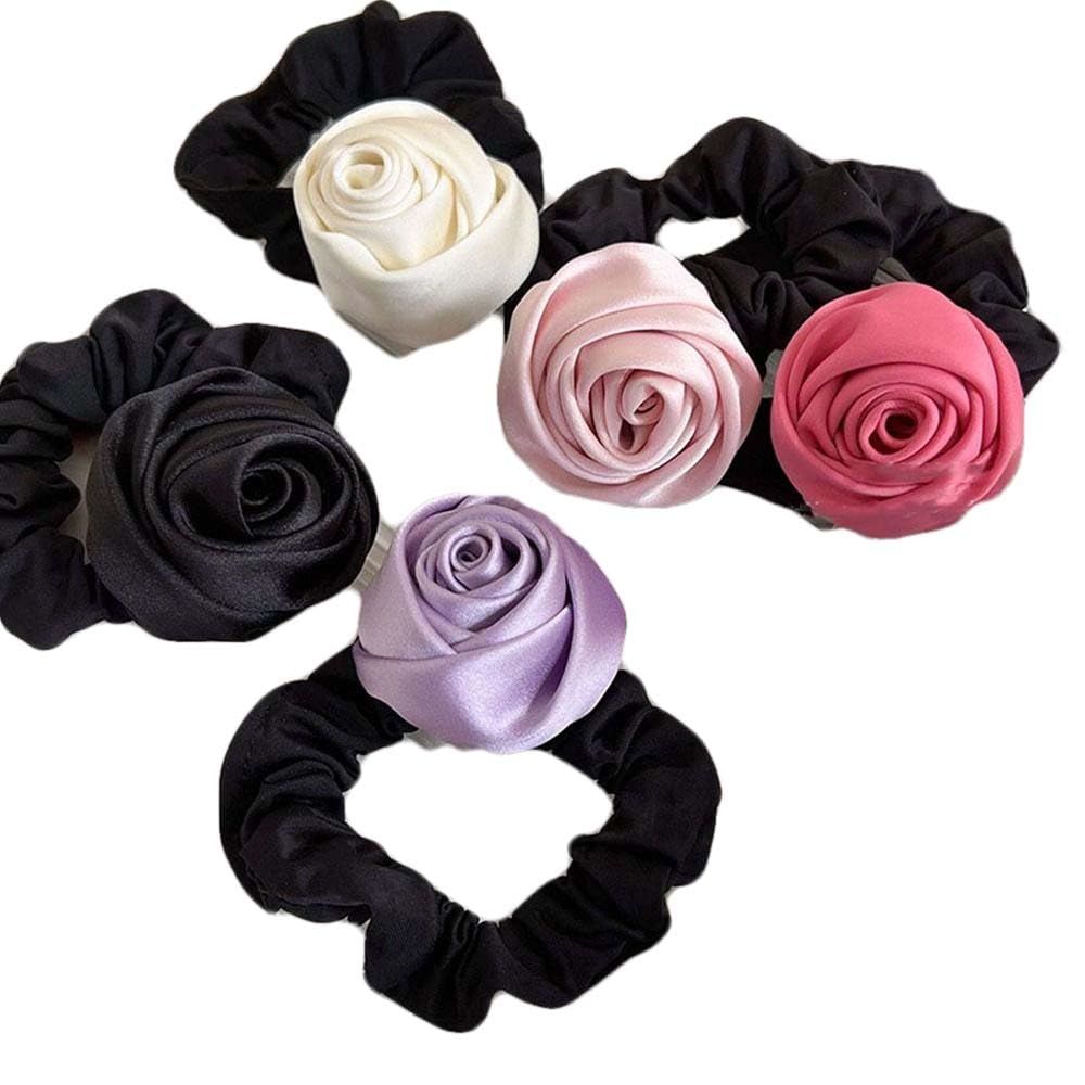 Leadigol Rose Hair Rope Hair Tie Vintage Korean Style Elastic Hair Band Sweet Flower Silk Satin Hair Rope Ponytail Holder