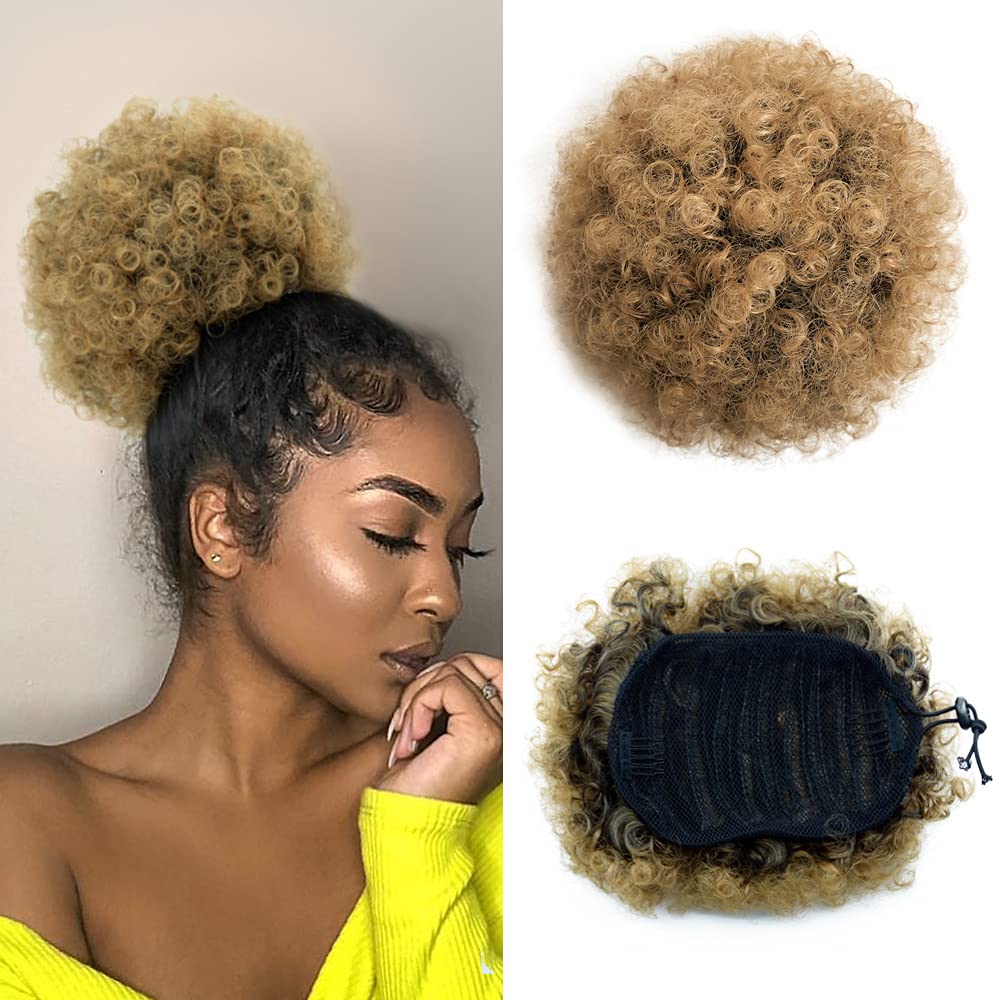 Ombre Brown Afro Puff Drawstring Ponytail Kinky Curly Pony Tail Hair Extensions Synthetic Short Bun Hairpieces for Black Women(1