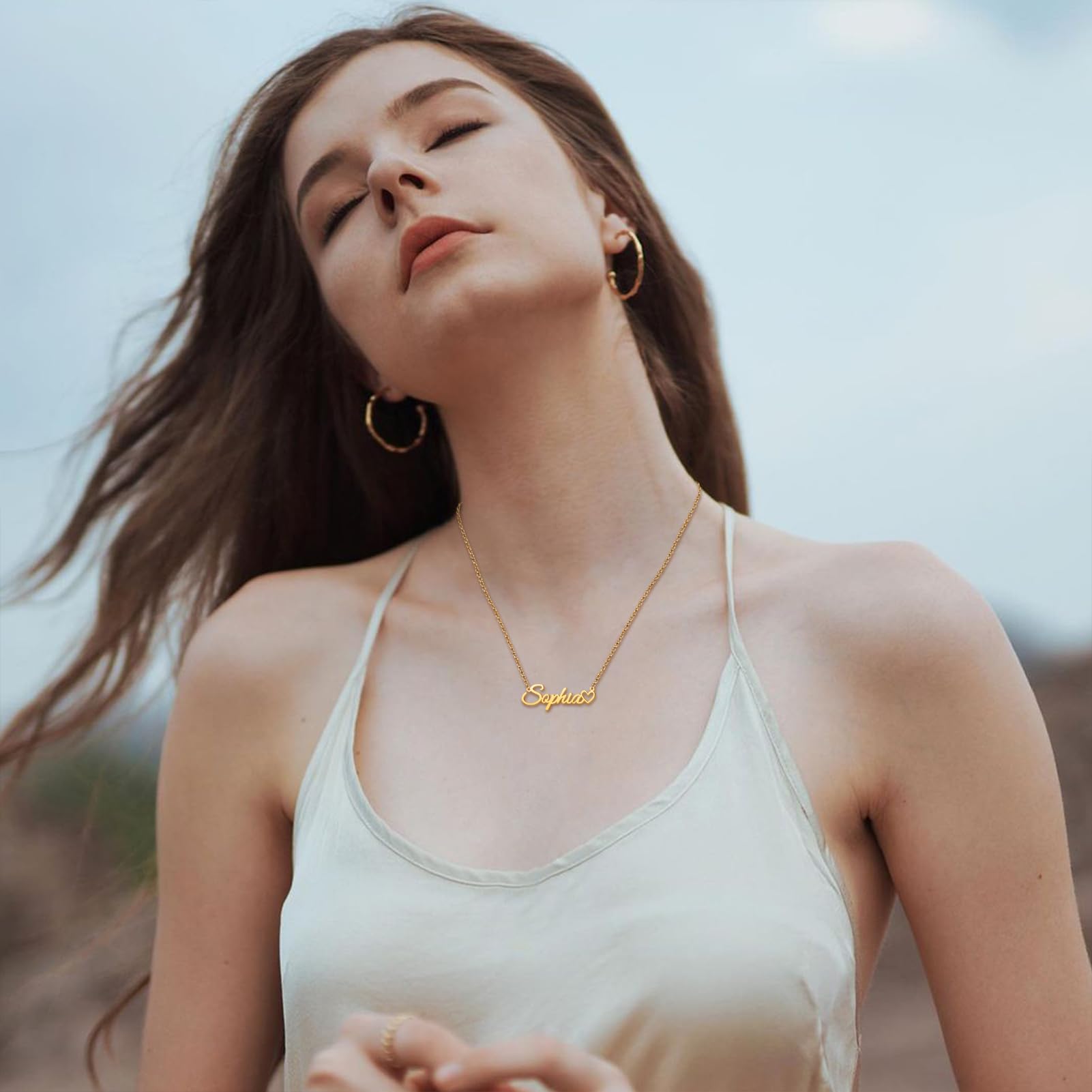 CoolJewelry Personalized Custom Name Necklace for Women Name Necklaces with Heart 18K Gold Plated or Sterling Silver Nameplate C