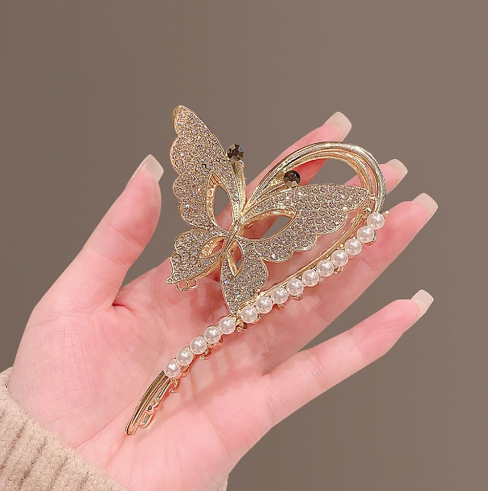 Diamond Non-Slip Metal Hair Claws With Sparkly Pearls - Big Cute Butterfly Headwear Gifts For Women, Set Of 2