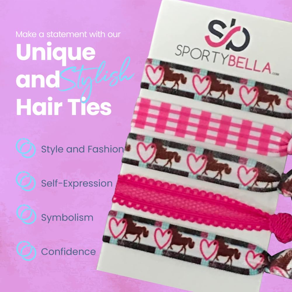 Infinity Collection Heart & Horse Hair Ties Set | No Crease Equestrian Gift Ponytail Holders for Girls & Women | Sports Ribbon T