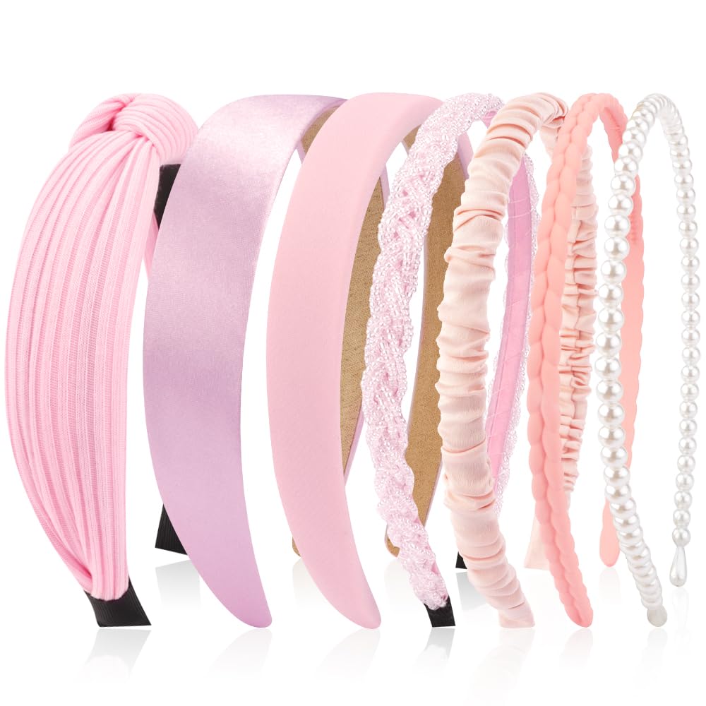 AHONEY 7 Pack Pink Headbands for Girls Women Headbands Trendy Non Slip Hairbands Cute Hair Accessories Multi-style Headband Pack