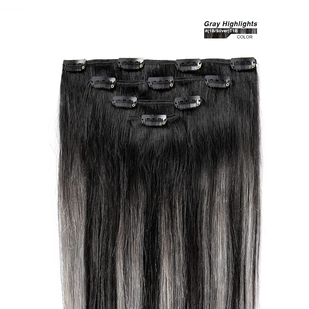 12'' Clip In Hair Extensions Remy Human Hair Black Balayage Silver For Women - Silky Straight 100% Real Human Hair 50Grams 4Piec
