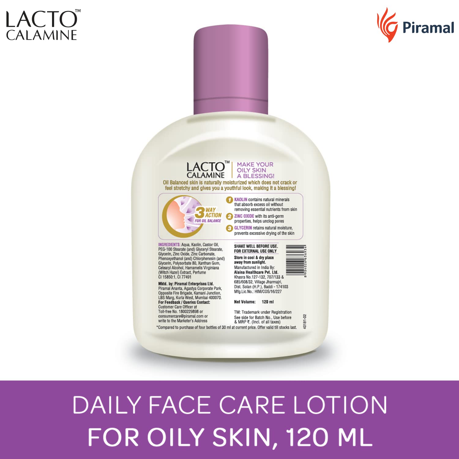 Lacto Calamine Daily Face Moisturizing Lotion for Oily Skin, 4.06 Fl Oz (120 ml), for Pimples, Acne, Dark Spots, and Blackheads