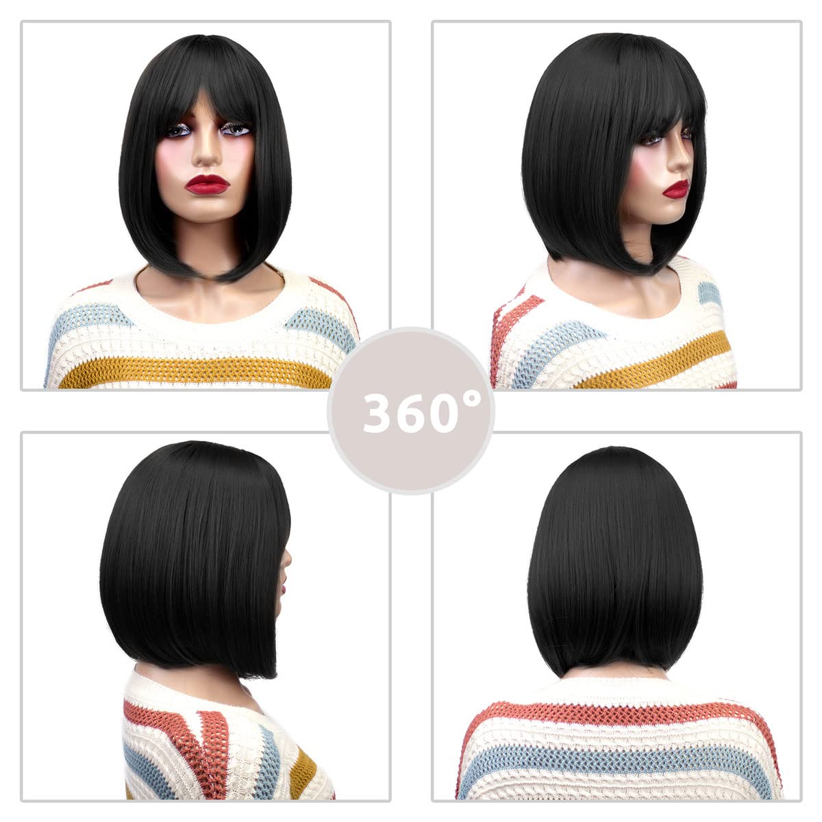 Onpep Natural Black Bob Wig With Bangs Short Straight Wigs For Black Women Shoulder Length Glueless Heat Resistant Synthetic Wig