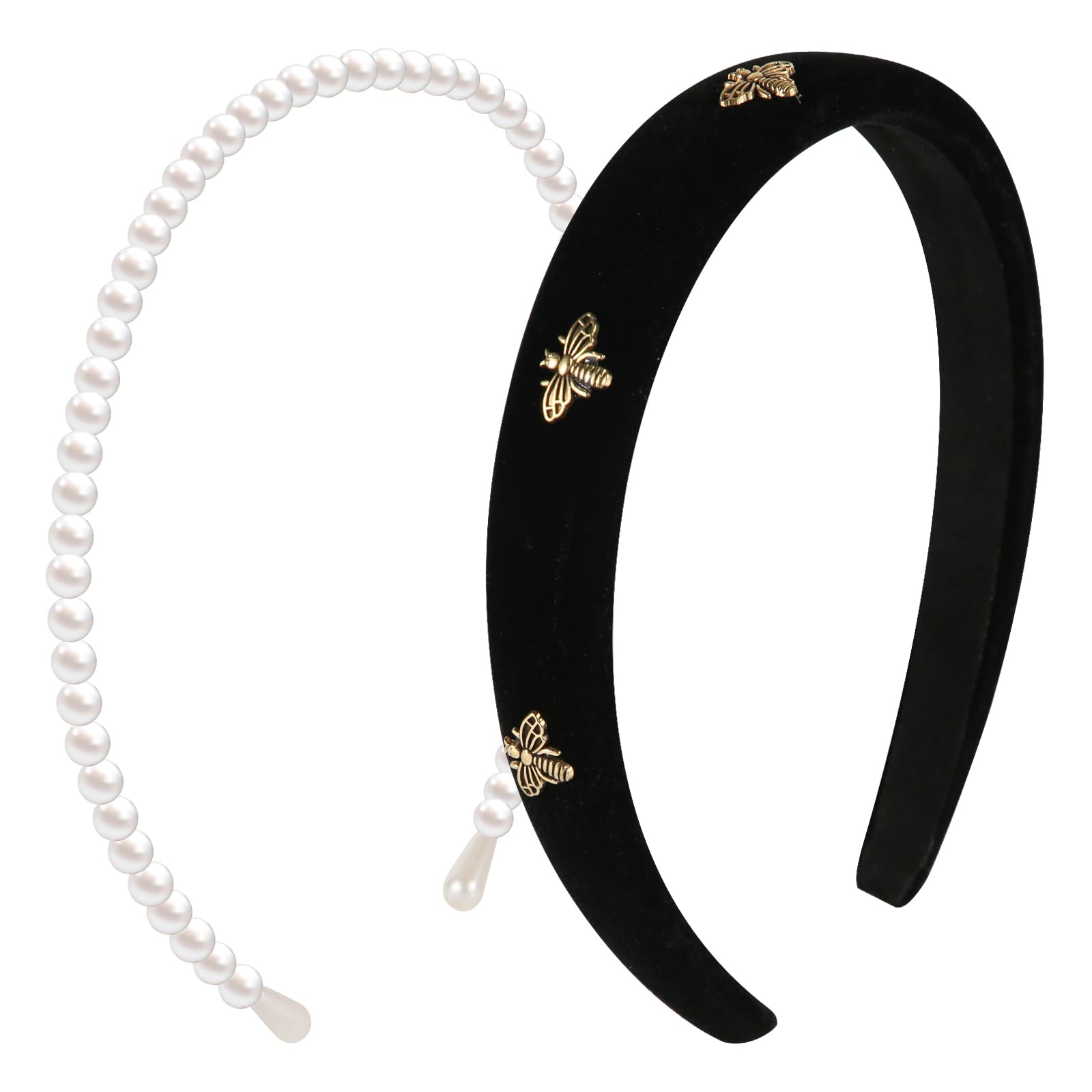 XIHIRCD 2pcs Headbands for Women, Black Bee Velvet Headband Versatile Cute White Pearl Hair Band Non Slip Fashion Female Hair Ac