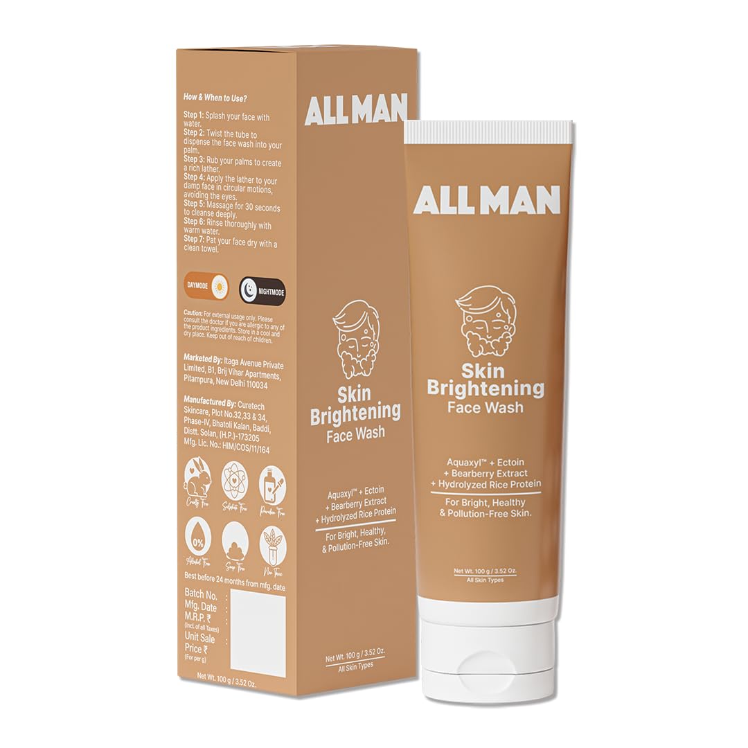 All Man Skin Brightening Face Wash, Fades Dark Spots & Hyperpigmentation, Removes Dirt, Oil, & Pollutants With Aquaxyl, Ectoin &