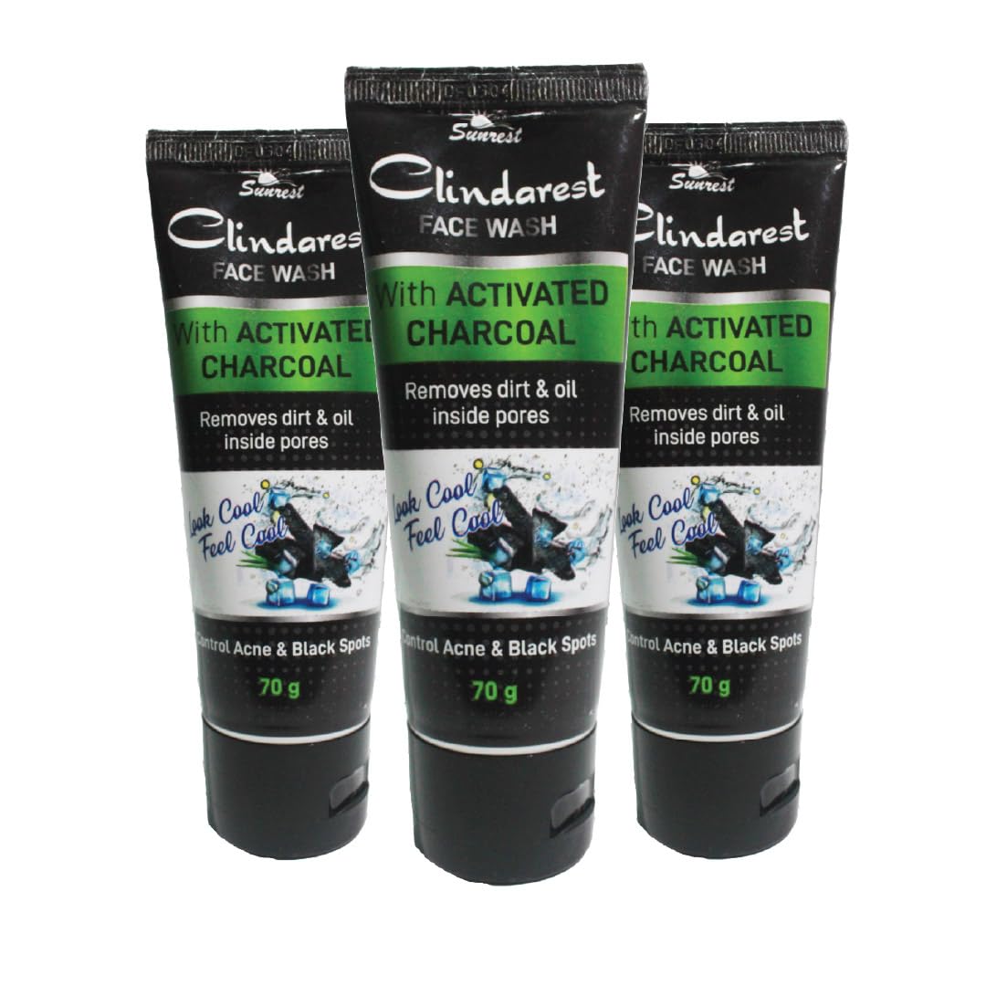 Clindarest Face Wash With Activated Charcoal, Controls Acne & Black Spots, Charcoal Powder, Menthol & Glycerine 70G (3)