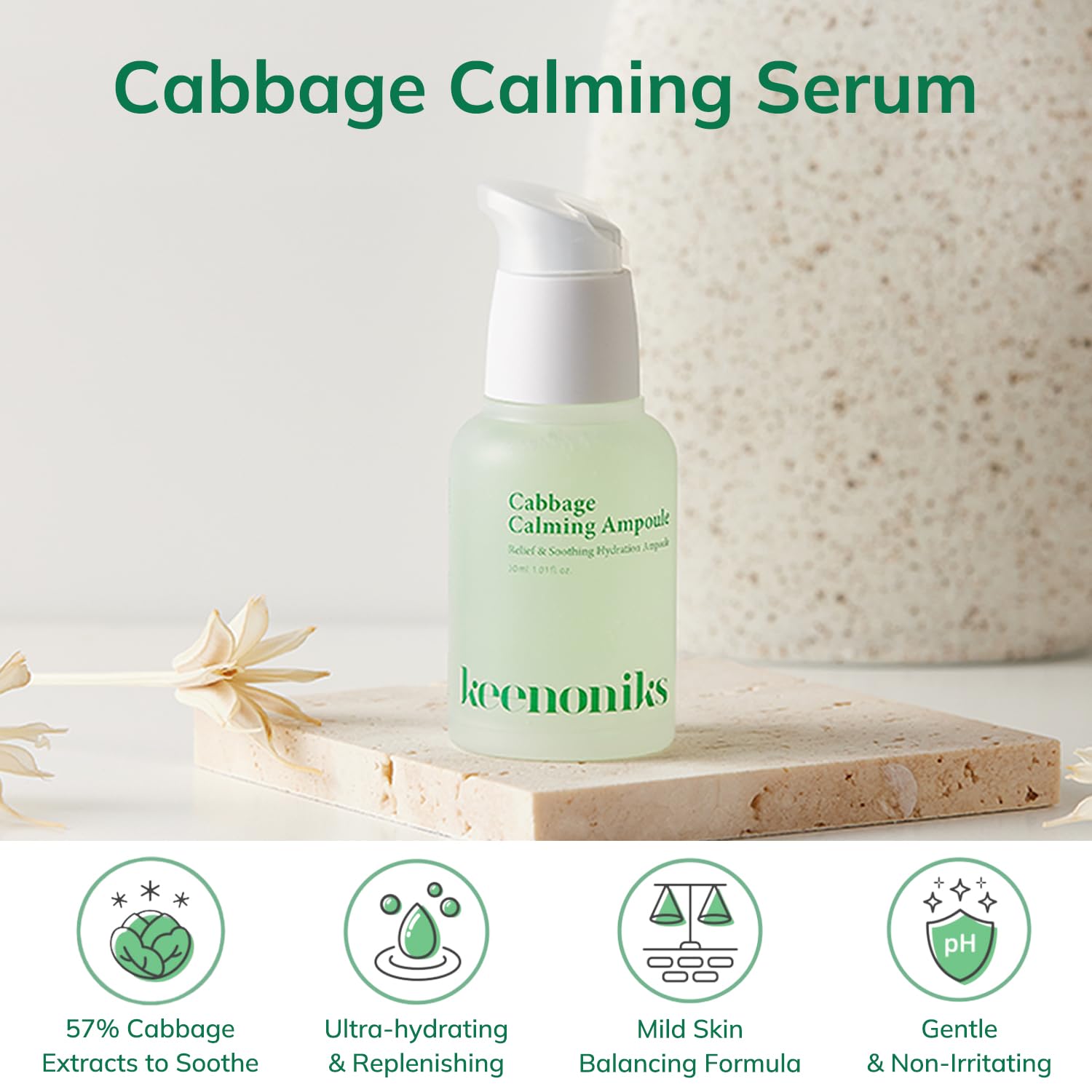 keenoniks Cooling Hyaluronic Acid Ampoule Serum - 85% Cabbage Extract Calming Facial Remedy to Soothe and Moisturize for Sensiti
