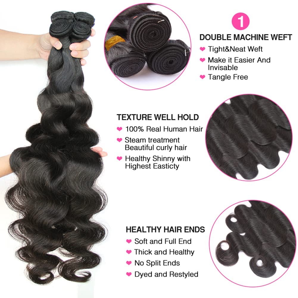 Human Hair Bundles with Frontal (14 16 18 20+12, Natural Black) Brazilian Virgin Body Wave Human Hair 4 Bundles with 13 * 4 Lace