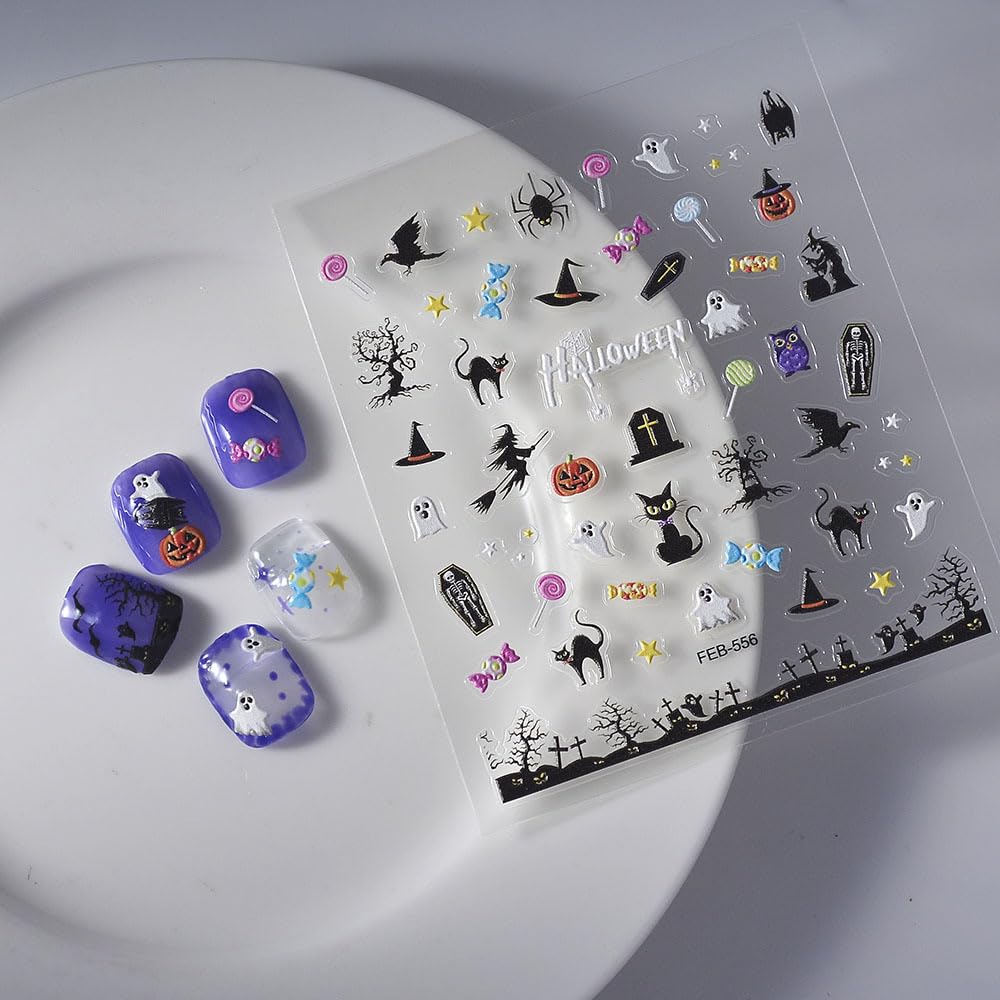 Halloween Nail Art Stickers 5D Embossed Cat Ghost Nail Stickers Witch Monster Candy Pumpkin Spider Star Nail Decals For Women Gi
